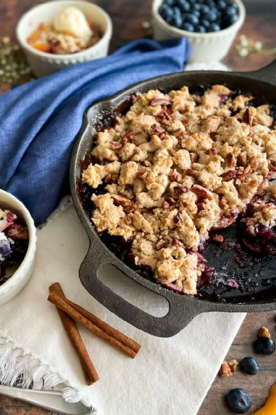 Blueberry-Peach Cobbler in skillet 