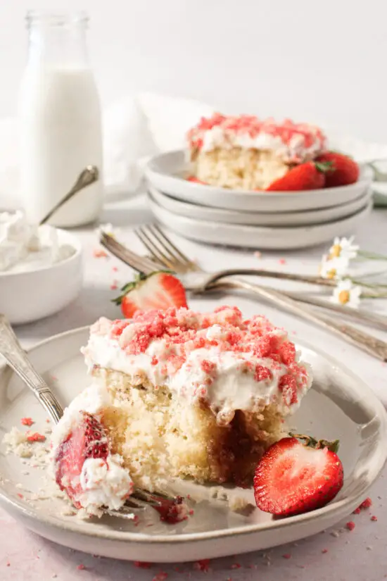 Up close picture of Strawberry Shortcake with fresh sliced strawberries. 
