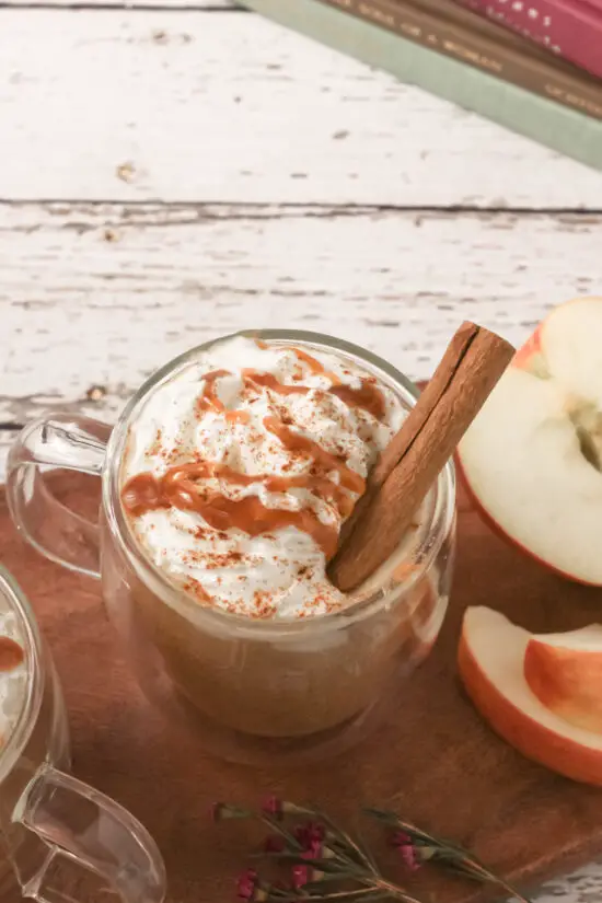 Up close mug of Creamy Caramel Apple Cider with whipped cream and cinnamon stick. 