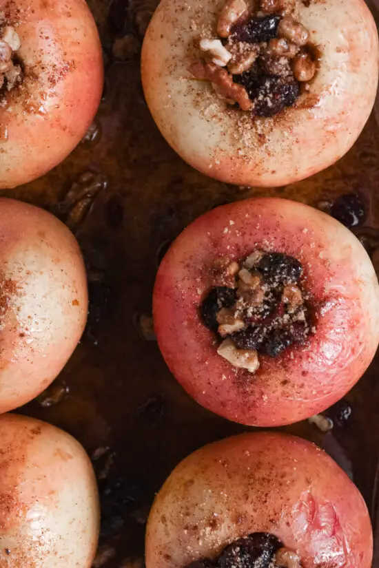 Up close picture of Baked Stuffed Apples. 
