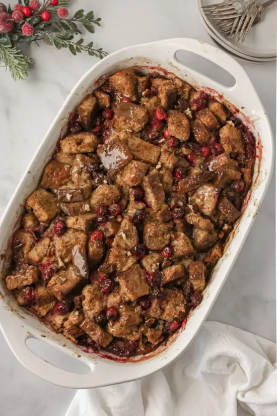 9x13" casserole dish filled with delicious holiday cranberry French toast bake. 