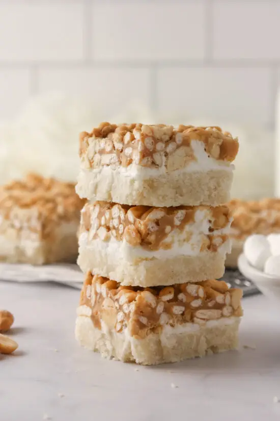 Three stacked Peanut Marshmallow Bars.