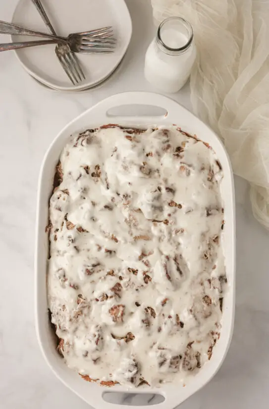 9x13" baking dish filled with Apple Cinnamon Roll Casserole. 