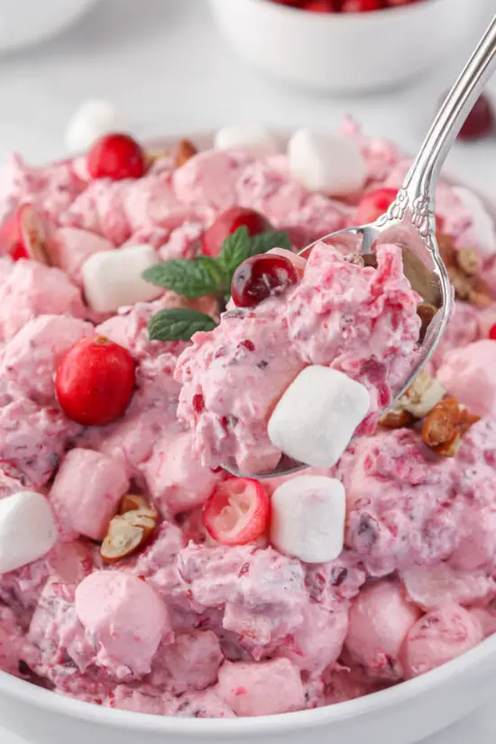 Spoonful of Easy Cranberry Fluff salad with marshmallows and fresh cranberries. 
