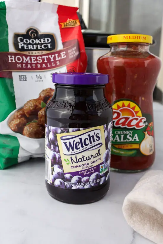Bag of meatballs, jar of grape jelly, and jar of salsa (ingredient picture). 